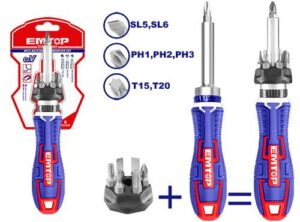 EMTOP 8 PCS RATCHET SCREWDRIVER SET SL5,SL6,PH1,PH2,PH3,T15,T20 CRV MATERIAL ESDRH0802